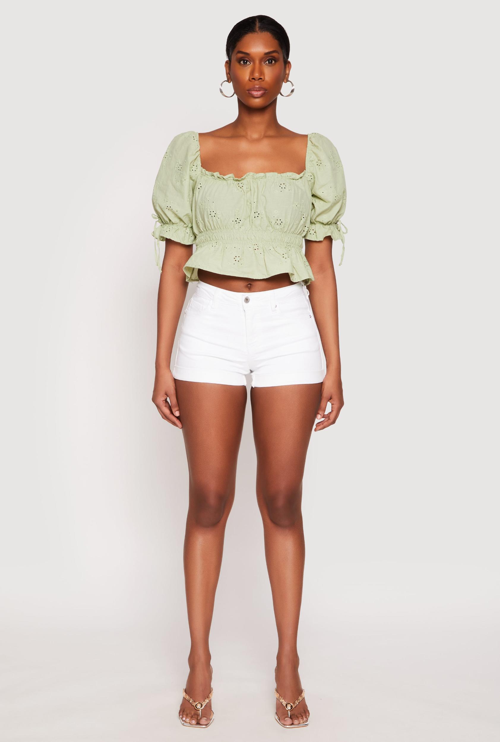 Womens Eyelet Puff Sleeve Peplum Crop Top Product Image