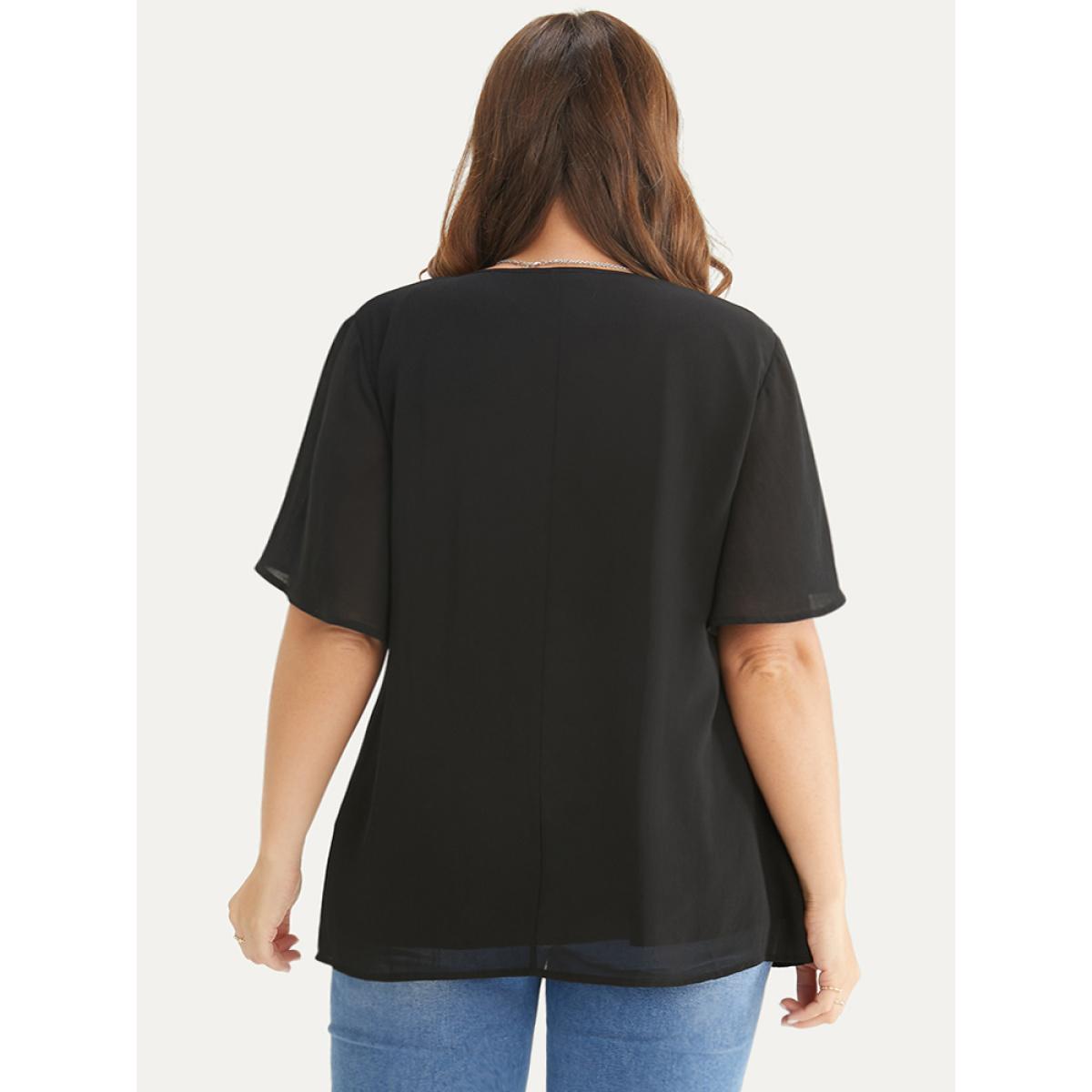 Plus Size Black Plain V Neck Mesh Ruffle Sleeve Button Detail Blouse Women Casual Short sleeve V-neck Office Blouses BloomChic 10/M Product Image