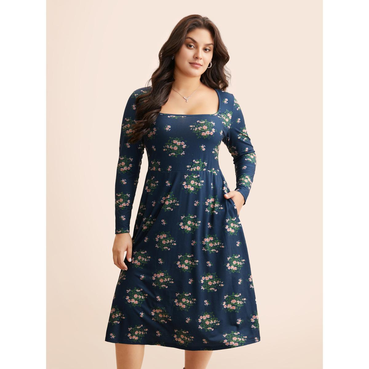Plus Size Square Neck Floral Cut Out Dress Navy Women Elegant Cut-Out Square Neck Long Sleeve Curvy BloomChic 10/M Product Image