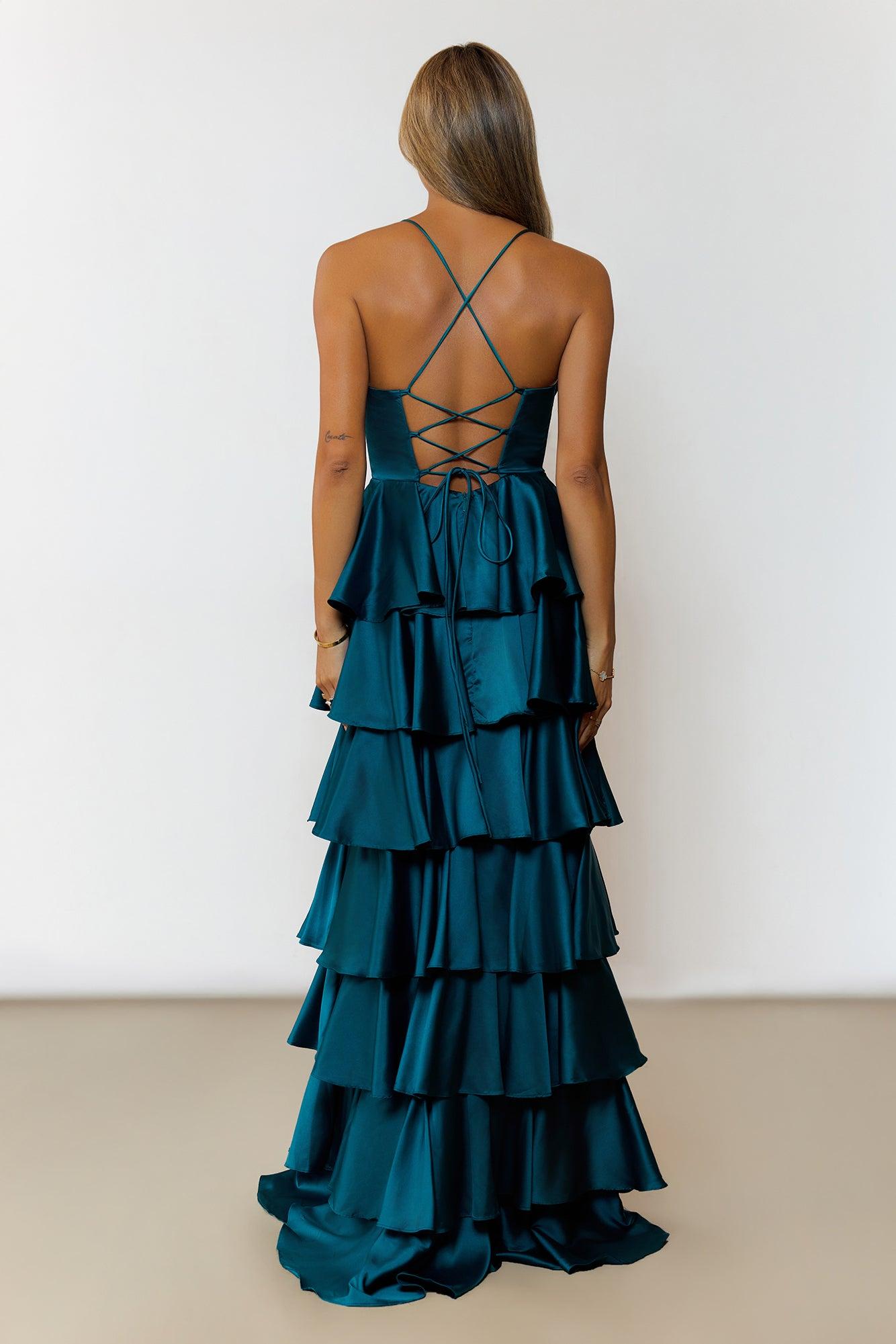 Lights Camera Party Satin Maxi Dress Emerald Product Image