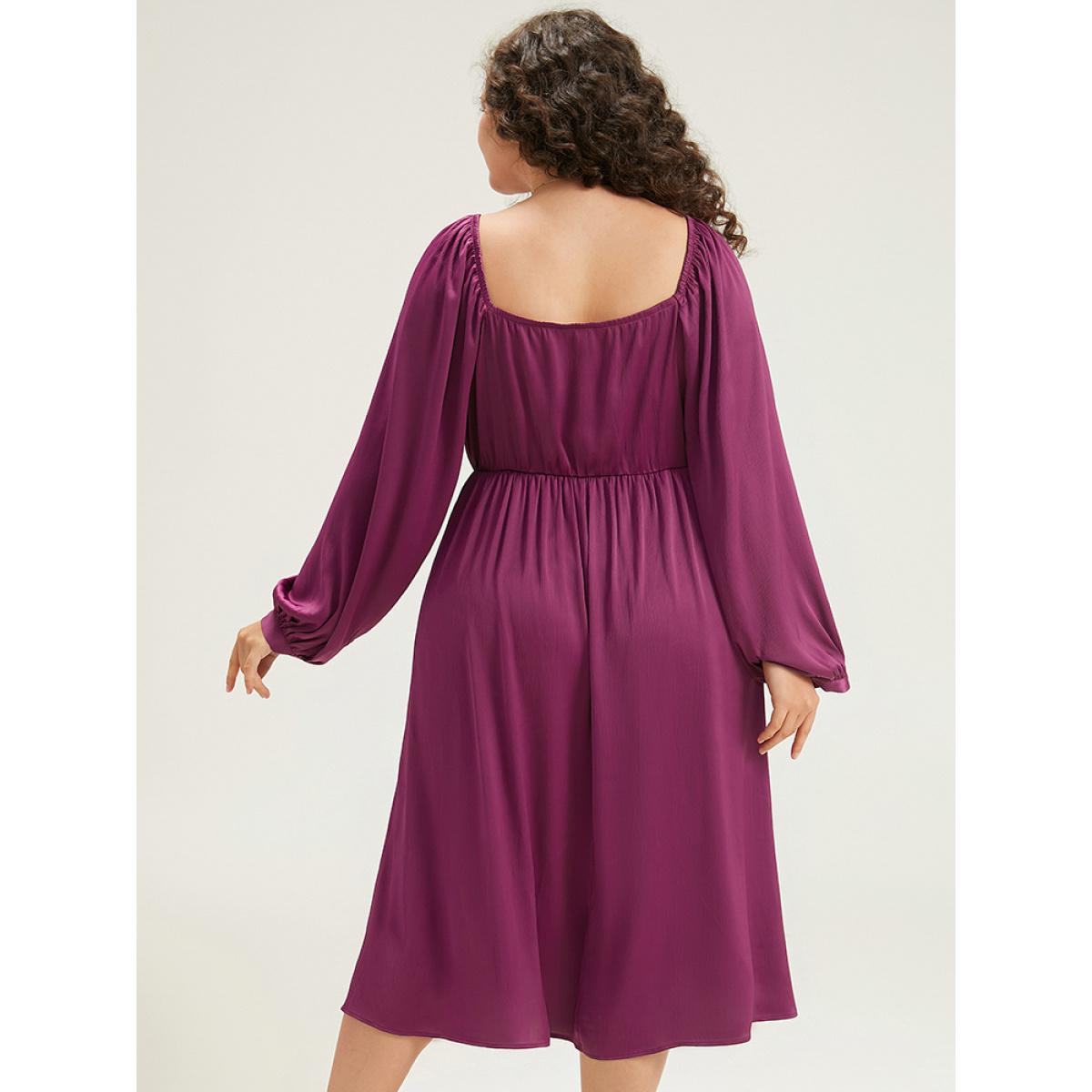 Plus Size Plain Flutter Trim Ties Split Side Dress Purple Women Elegant Gathered Square Neck Long Sleeve Curvy Midi Dress BloomChic 22-24/3X Product Image