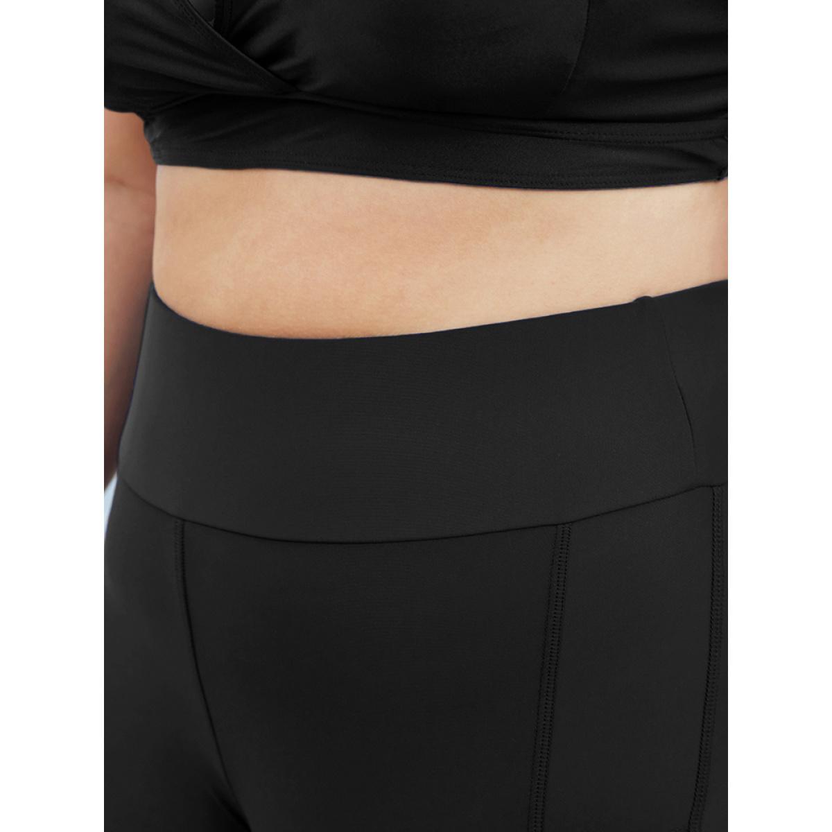 Plus Size Solid Wideband Waist Swim Shorts Women's Swimwear Black Resort Non High stretch Skinny High Rise Side seam pocket Curve Swim Bottoms BloomChic 28/5X Product Image