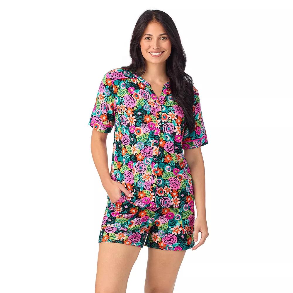 Women's Cuddl Duds® Short Sleeve Split Neck Pajama Top and Pajama Shorts Set, Size: XS, Black Floral Product Image