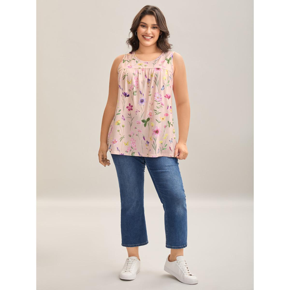 Plus Size Floral Print Flowy Pleated Tank Top Women Multicolor Leisure Gathered Round Neck Casual Tank Tops Camis BloomChic 12/L Product Image