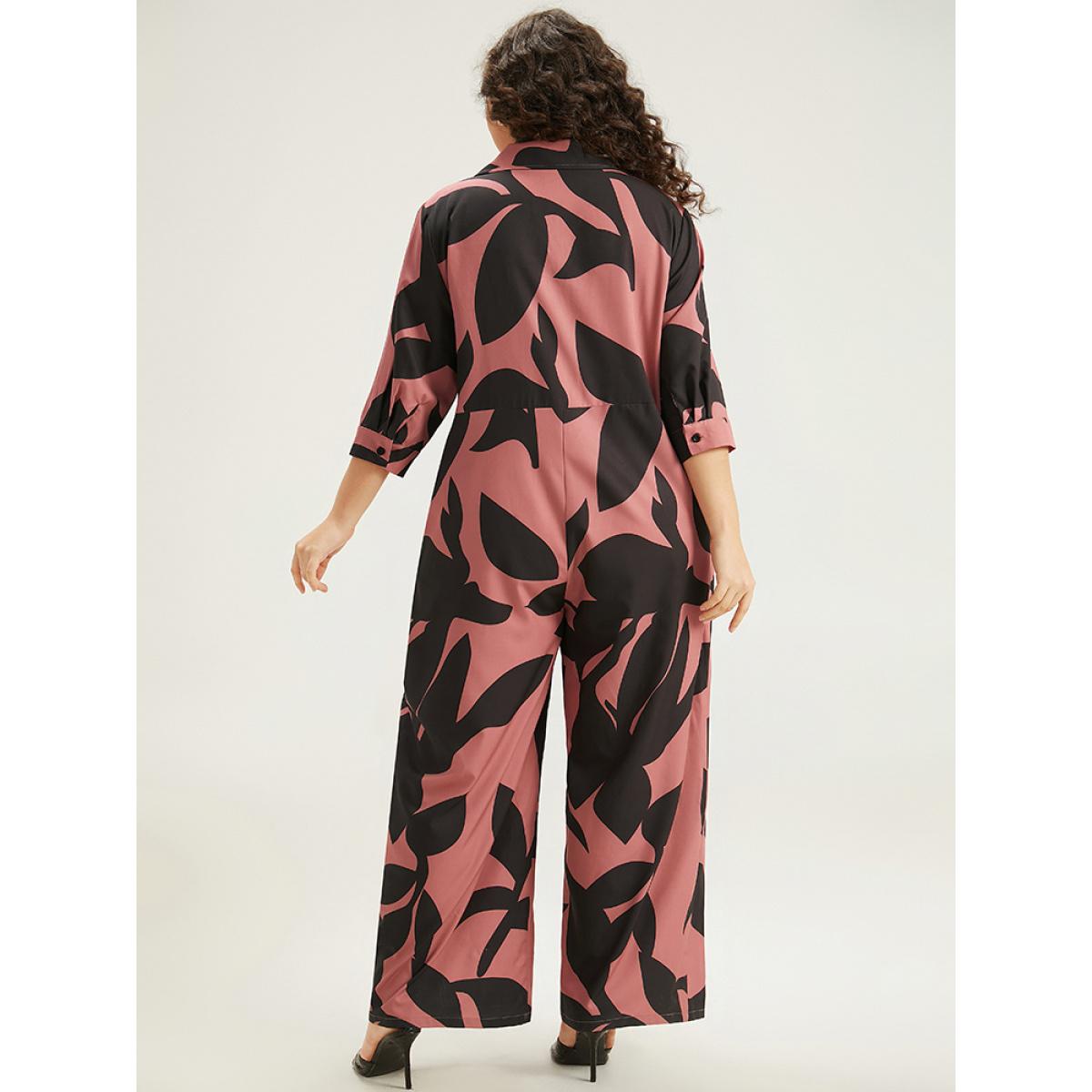 Plus Size DustyPink Silhouette Floral Print Zipper Belted Jumpsuit Women Elegant Elbow-length sleeve Shirt collar Everyday Loose Jumpsuits BloomChic 10/M Product Image