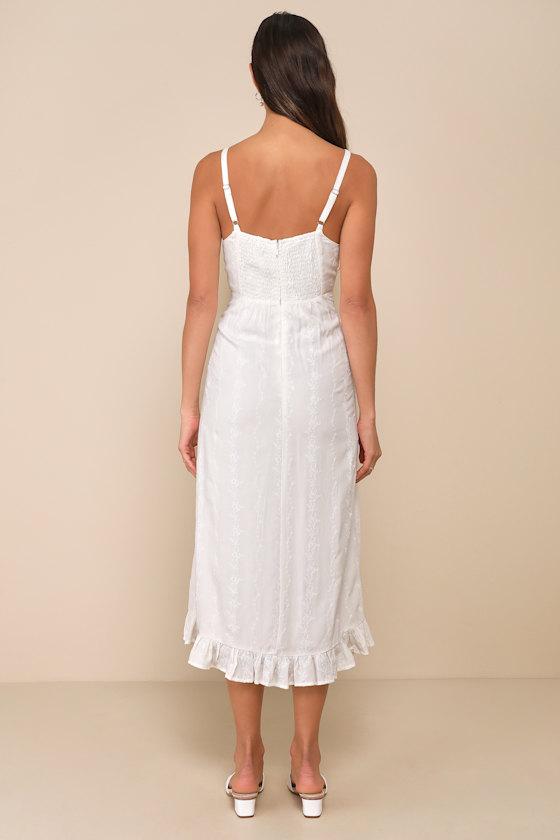 Unbelievably Sweet White Floral Embroidered Ruffled Midi Dress Product Image