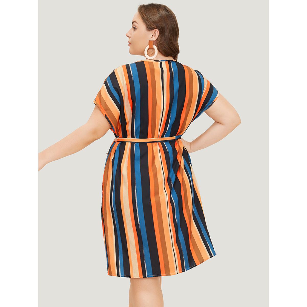Plus Size Rainbow Striped Batwing Sleeve Pocket Belt Dress Multicolor Women Vacation Contrast V-neck Short sleeve Curvy Knee Dress BloomChic 30/6X Product Image