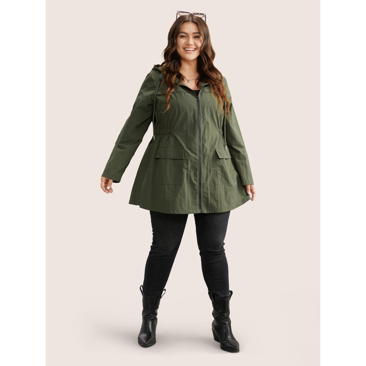 Plus Size Plain Hooded Drawstring Gathered Zipper Jacket Women ArmyGreen Non Patch pocket Everyday Jackets BloomChic 14-16/1X Product Image