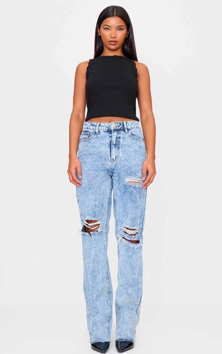 PRETTYLITTLETHING Acid Wash Ripped Long Leg Straight Jeans Product Image