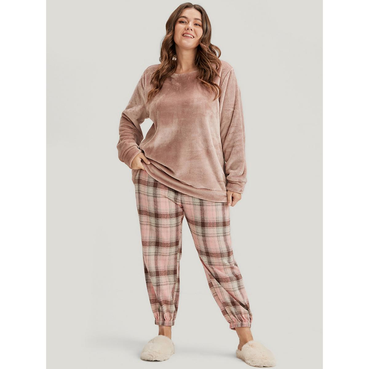 Plus Size Solid Flannel Round Neck Plaid Pajama Set Women Russet Plaid Elastic Waist Long Sleeve Round Neck Casual Loungewear Sets BloomChic 10/M Product Image