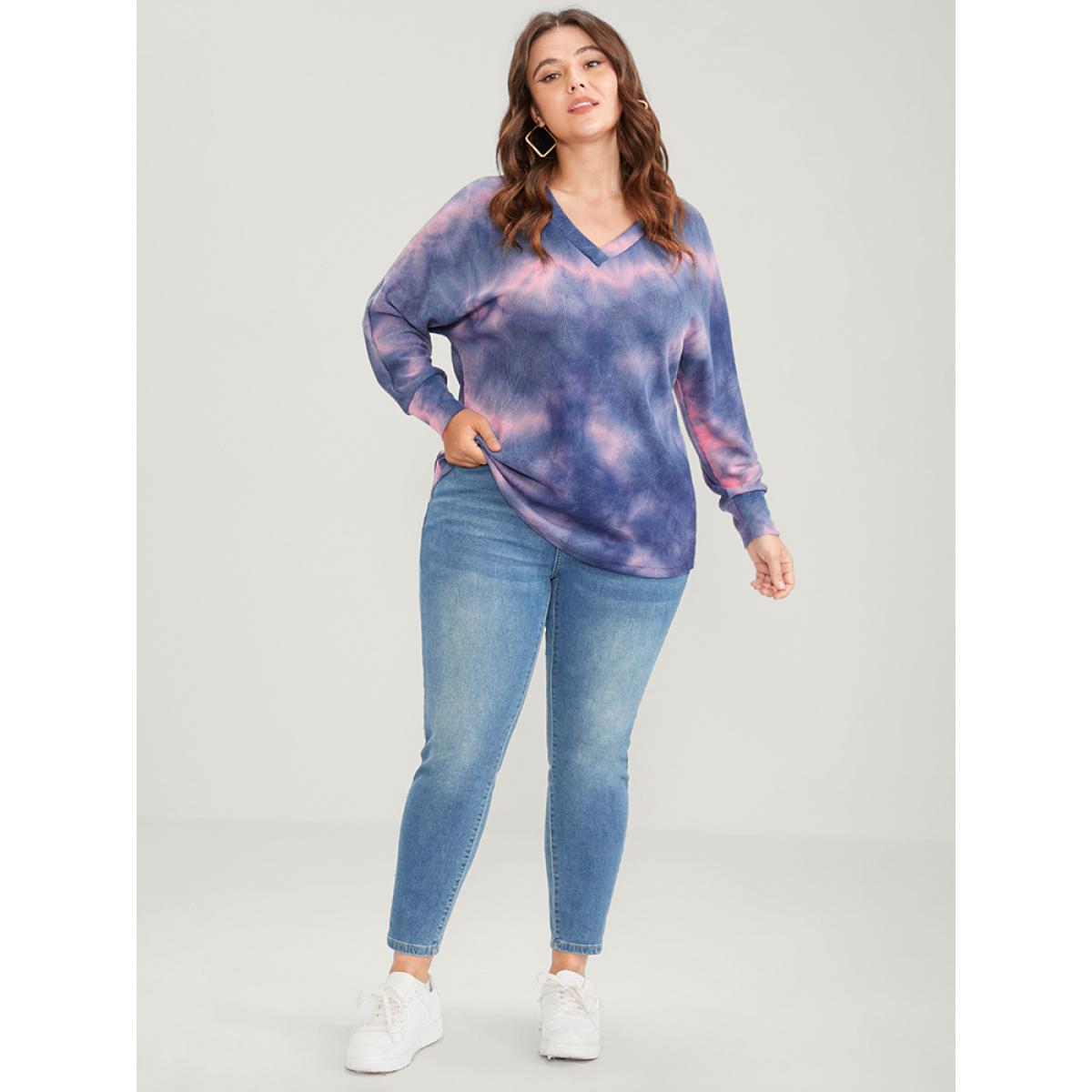 Plus Size Tie Dye Dolman Sleeve Waffle Knit Drop Shoulder Sweatshirt Women Indigo Casual Tie Dye Loose V-neck Dailywear Sweatshirts BloomChic 22-24/3X Product Image