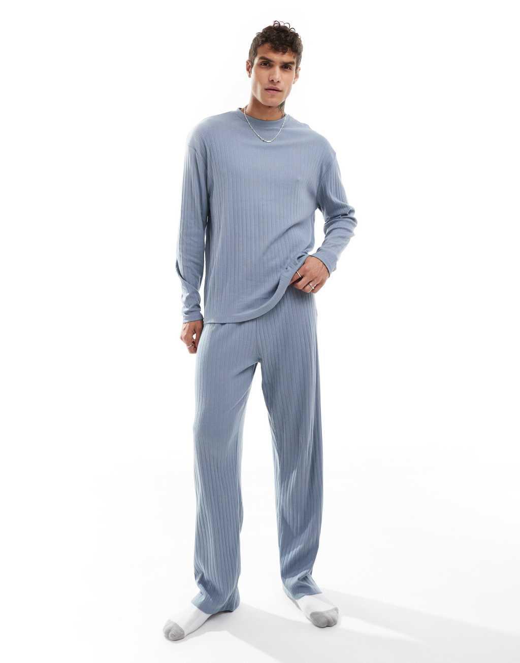ASOS DESIGN rib lounge set with long sleeve t-shirt and bottoms in blue Product Image