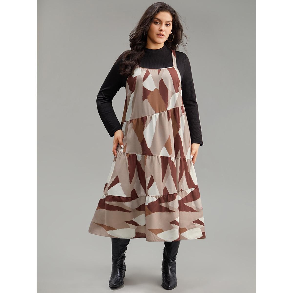 Plus Size Colorblock Contrast Pocket Cami Ruffle Hem Dress LightBrown Women Casual Adjustable Straps Spaghetti Strap Sleeveless Curvy Midi Dress BloomChic 26/4X Product Image