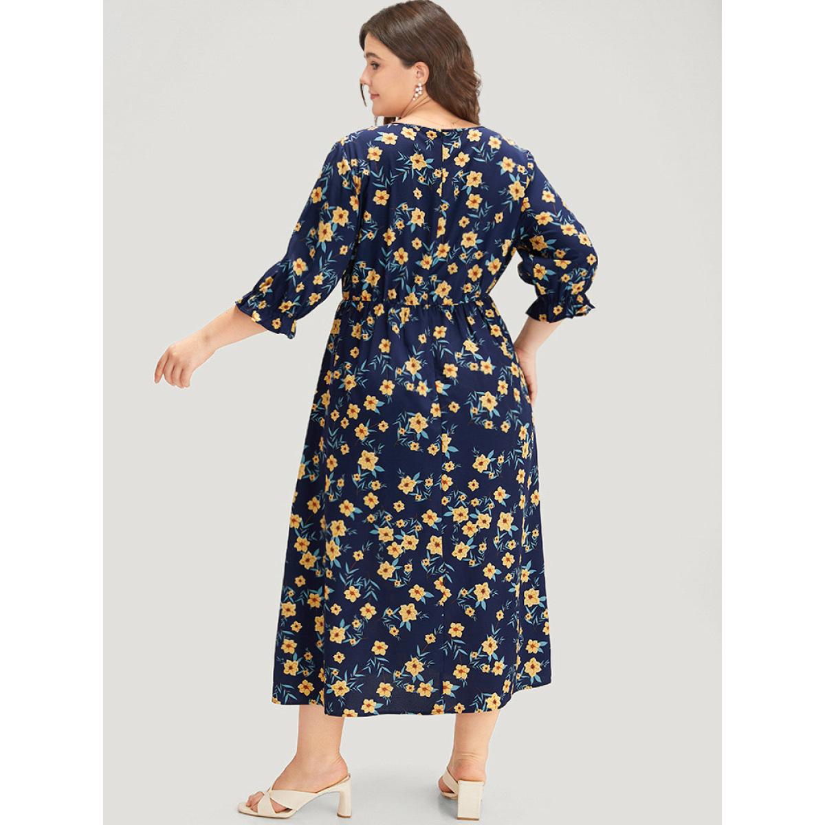 Plus Size Indigo Floral Print Pocket V Neck Wrap Split Hem Jumpsuit Women Elegant Half Sleeve V-neck Dailywear Loose Jumpsuits BloomChic 14-16/1X Product Image