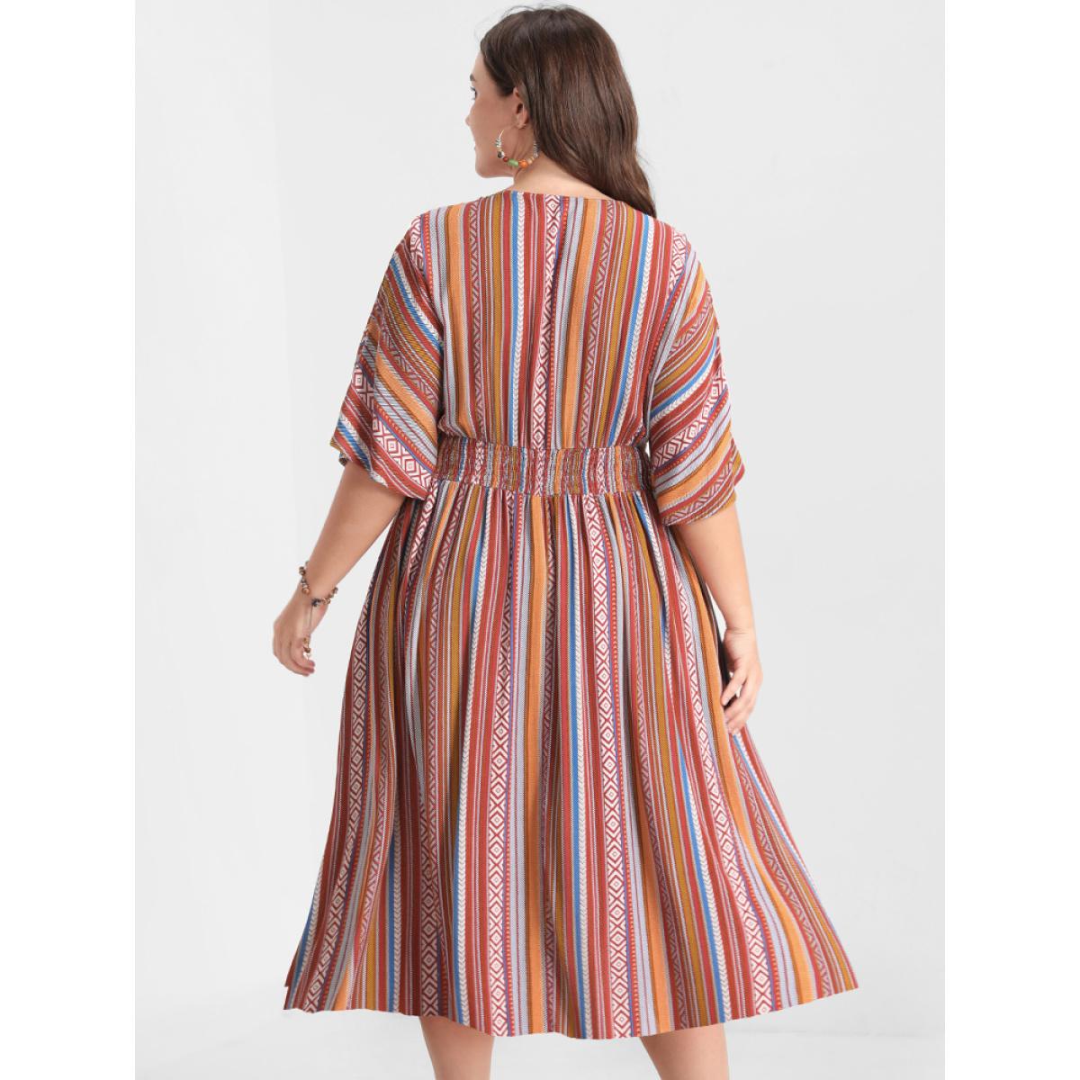 Plus Size Bandana Split Dolman Sleeve Shirred Pocket Midi Dress Multicolor Women Vacation Pocket V-neck Half Sleeve Curvy Long Dress BloomChic 30/6X Product Image