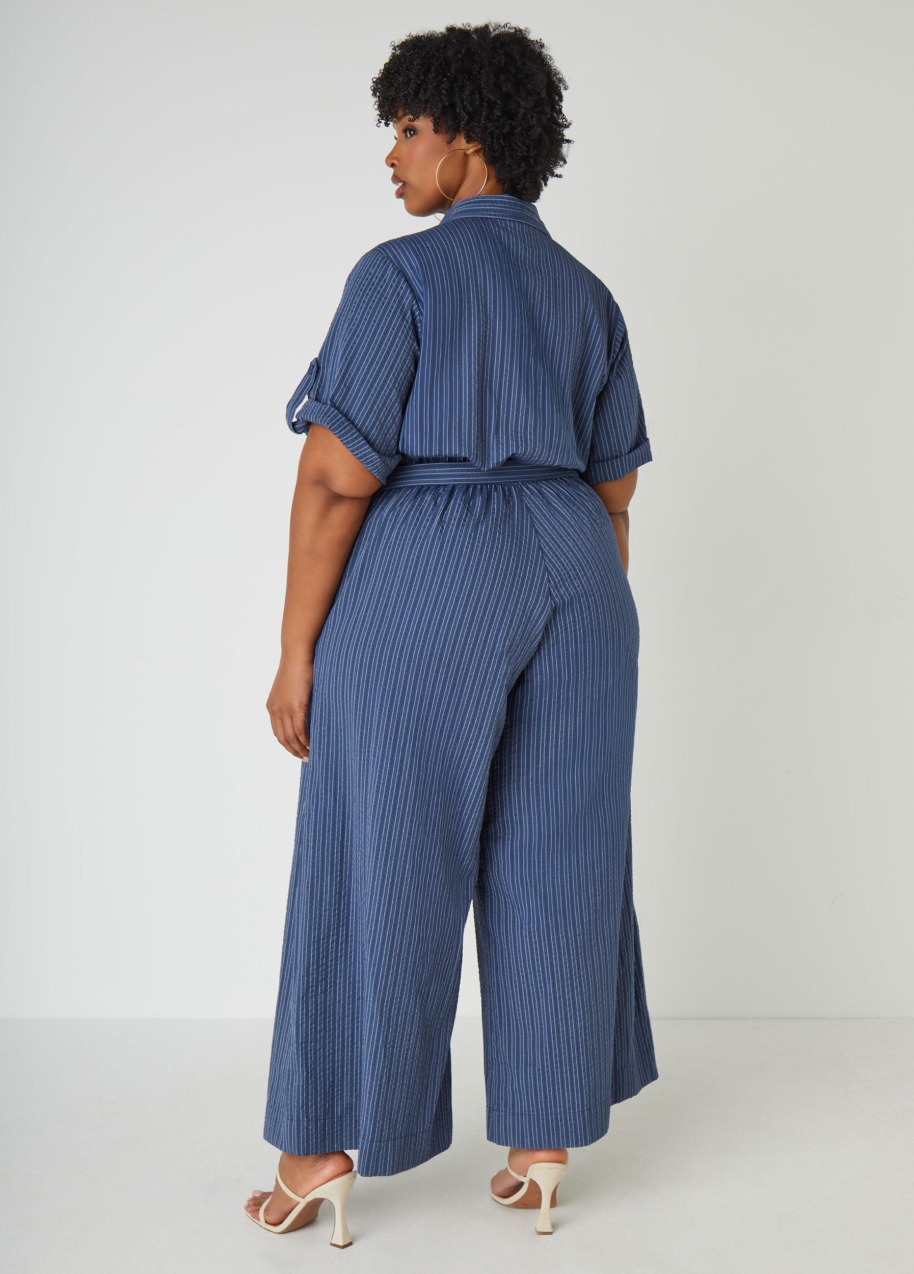 Striped Chambray Wide Leg Jumpsuit Product Image