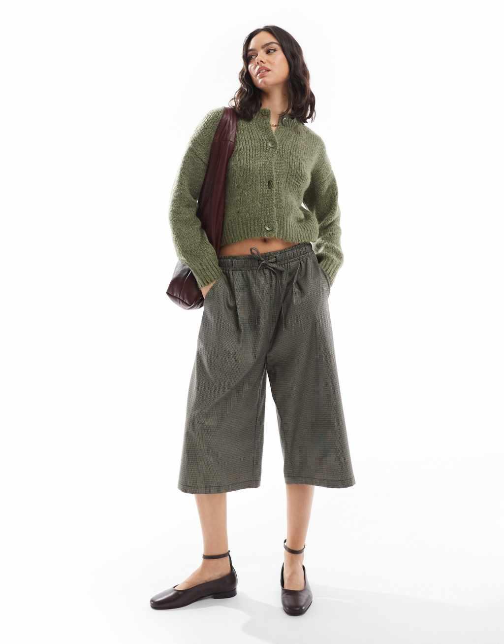 ASOS DESIGN crew neck loose knit cardigan in green Product Image