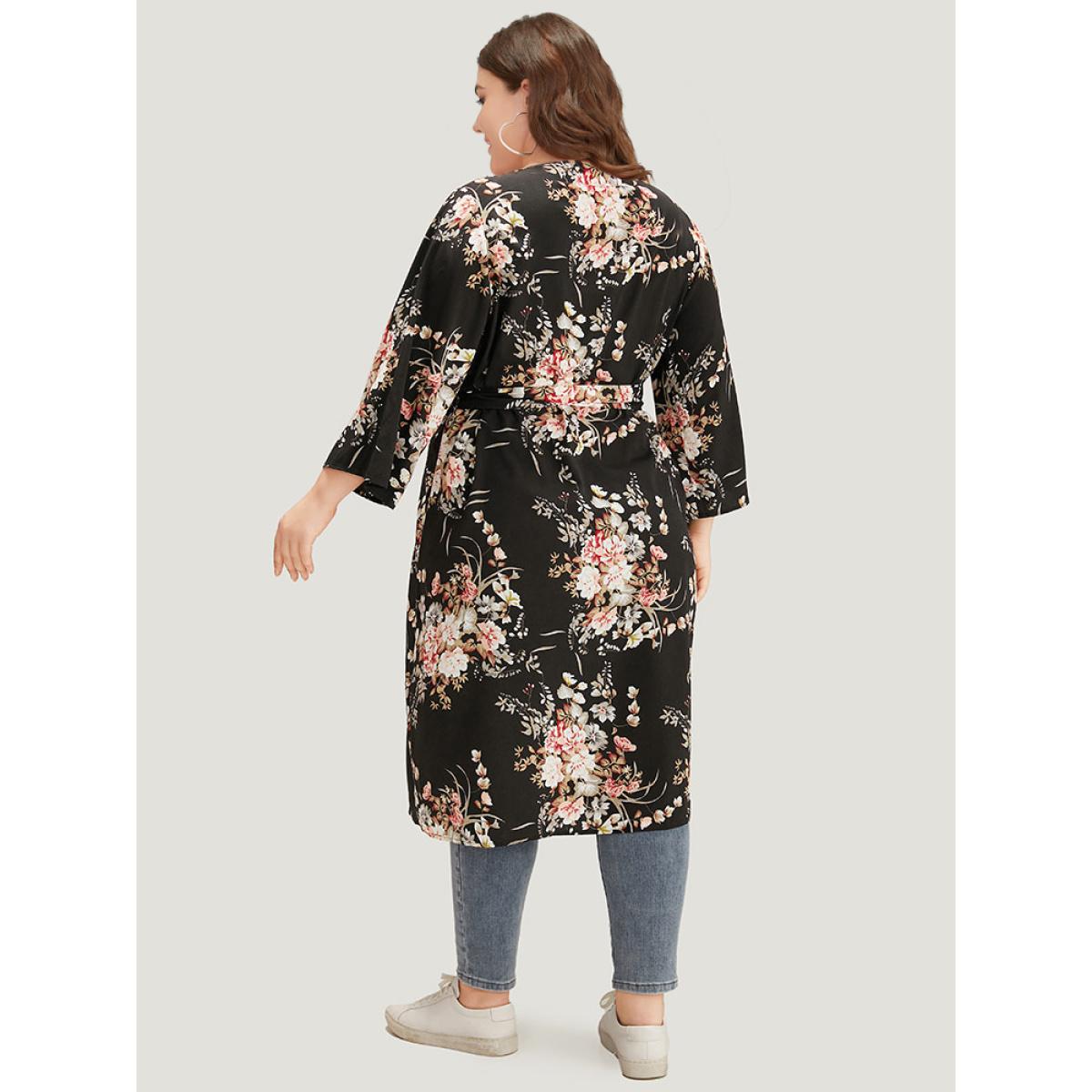 Plus Size Boho Print Belted Open Front Kimono Women BlackFlower Casual Belted Belt Dailywear Kimonos BloomChic 12/L Product Image