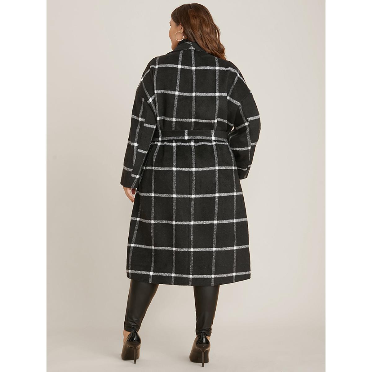 Plus Size Plaid Lapel Collar Pocket Belted Open Front Coat Women Black Elegant Ladies Dailywear Winter Coats BloomChic 30/6X Product Image