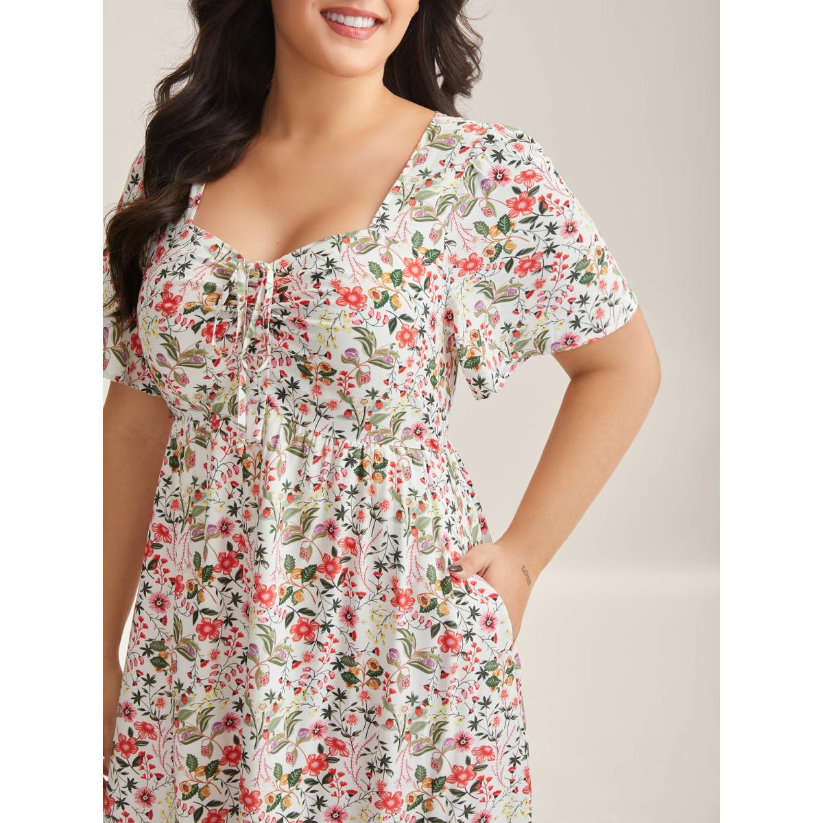 Plus Size Rayon Fruity Print Drawstring Midi Dress Blush Women Heart neckline Short sleeve Curvy BloomChic 22-24/3X Product Image
