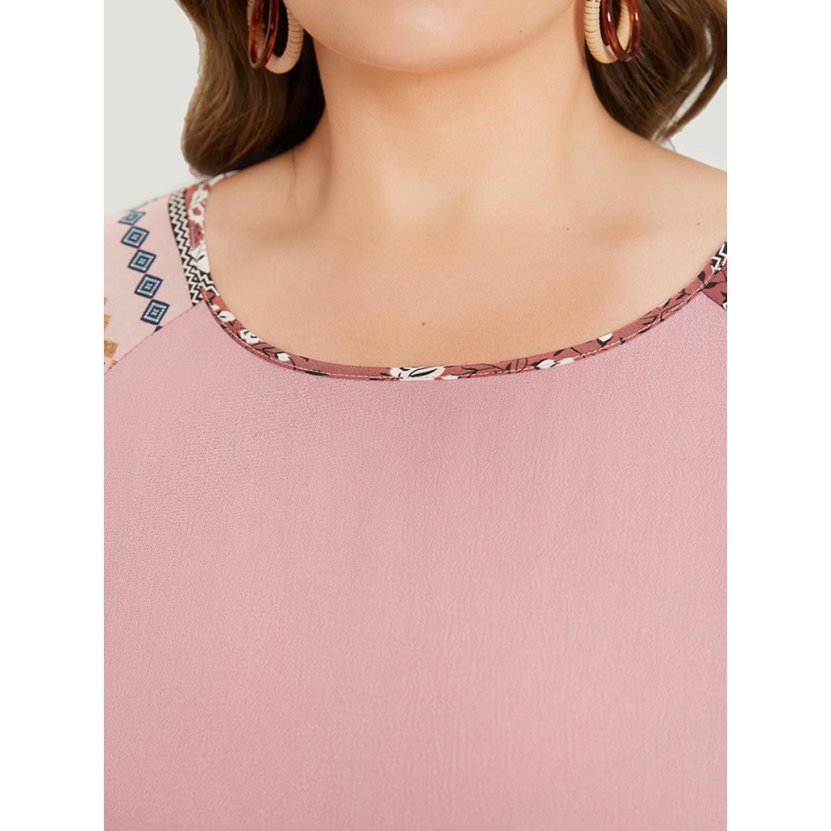 Plus Size DustyPink Bandana Patchwork Knotted Bell Sleeve Blouse Women Elegant Elbow-length sleeve Round Neck Dailywear Blouses BloomChic 30/6X Product Image