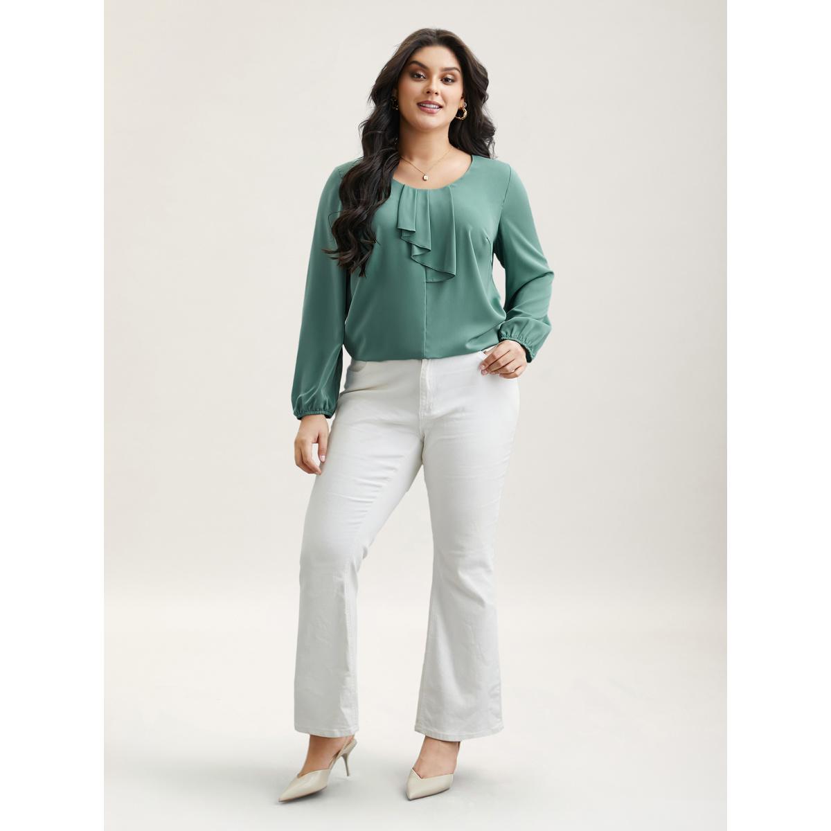 Plus Size Greenbean Ruffle Frill Trim Plain Lantern Sleeve Blouse Women Elegant Extra Long Sleeve Asymmetrical Neck Everyday Blouses BloomChic 22-24/3X Product Image