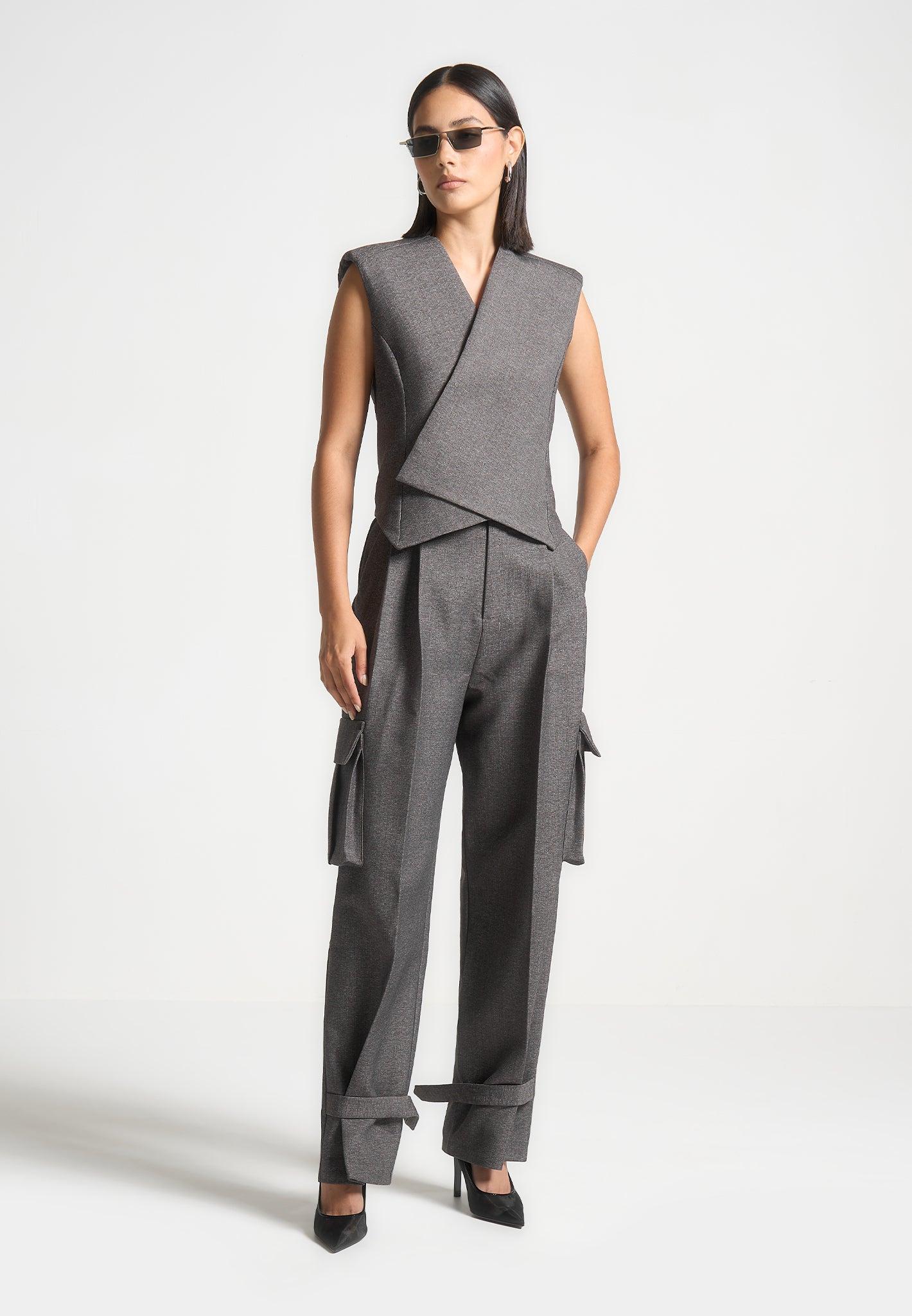 Danielle - Textured Tailored Pleated Cargo Trousers - Grey Marl Female Product Image