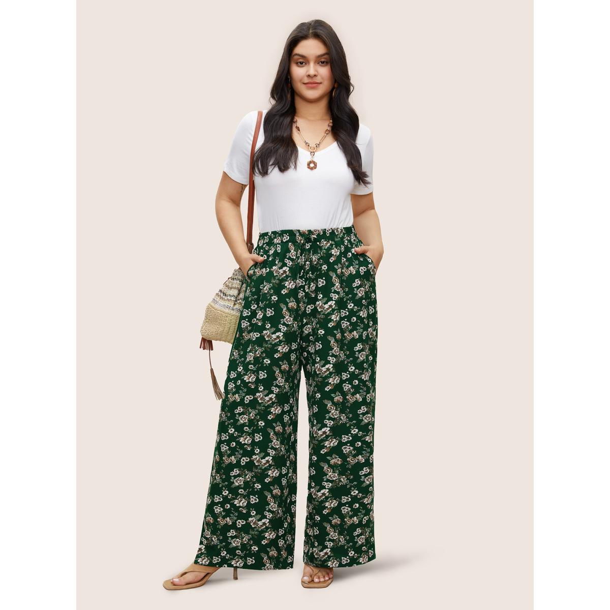 Plus Size Ditsy Floral Ties Split Hem Wide Leg Pants Women Emerald Boho Wide Leg High Rise Vacation Pants BloomChic 12/L Product Image