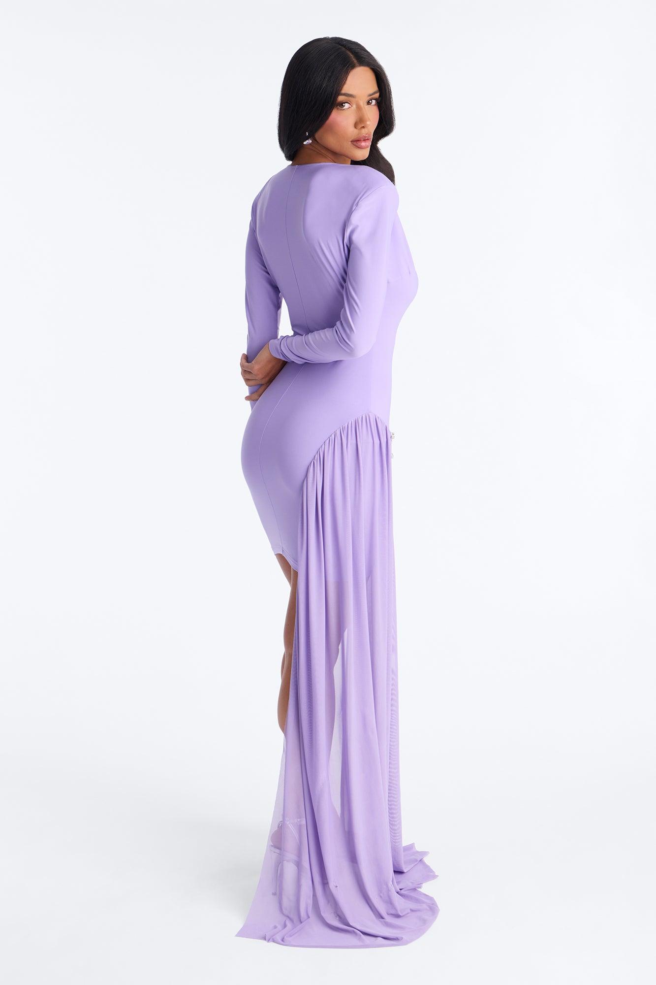 Leni Deep V-Neck Embellished Draped Mini Dress - Purple Female Product Image