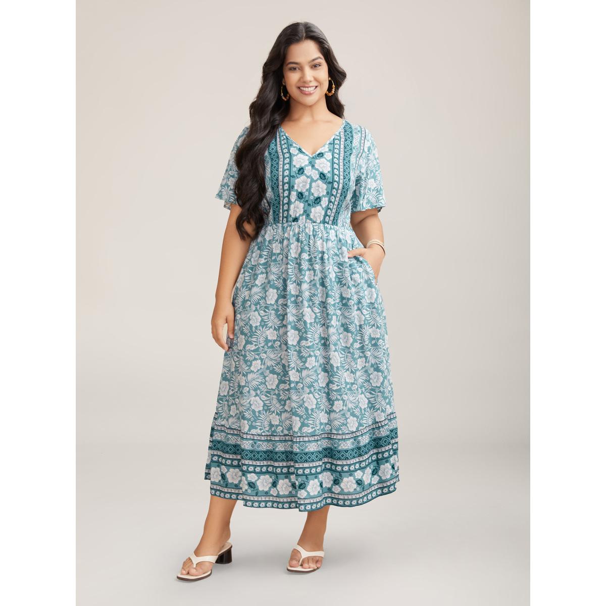 Plus Size Floral Print Stretchy Waist Pockets Midi Dress Stone Women Resort Non V-neck Short sleeve Curvy BloomChic 10/M Product Image