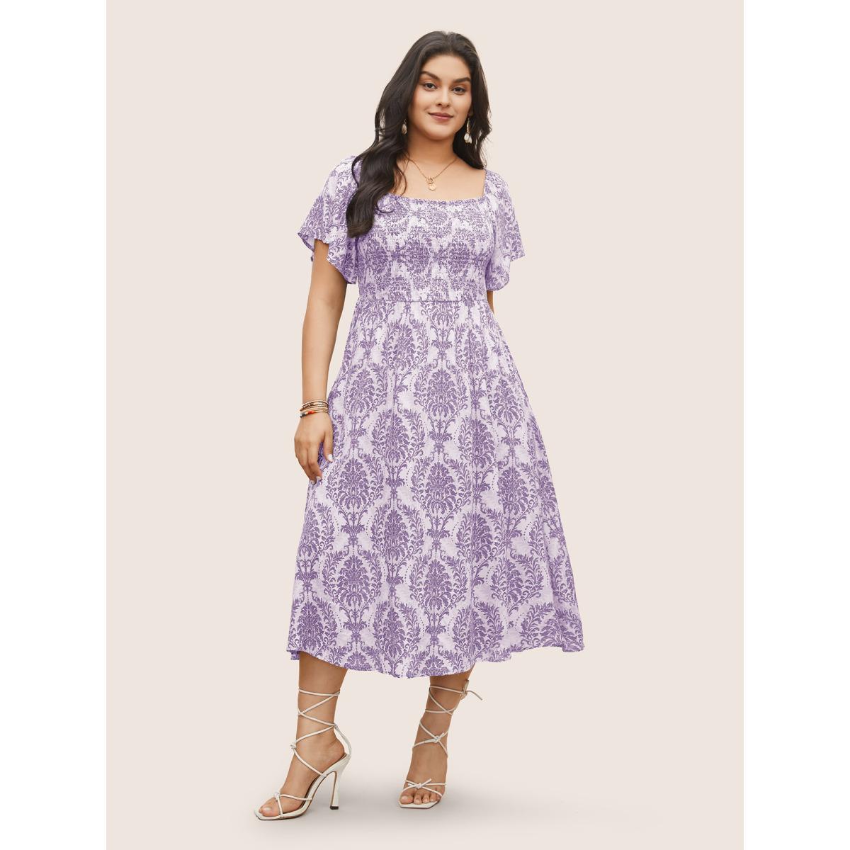 Plus Size Bandana Print Shirred Off Shoulder Dress Lavender Women Resort Non One-shoulder neck Short sleeve Curvy Midi Dress BloomChic 26/4X Product Image