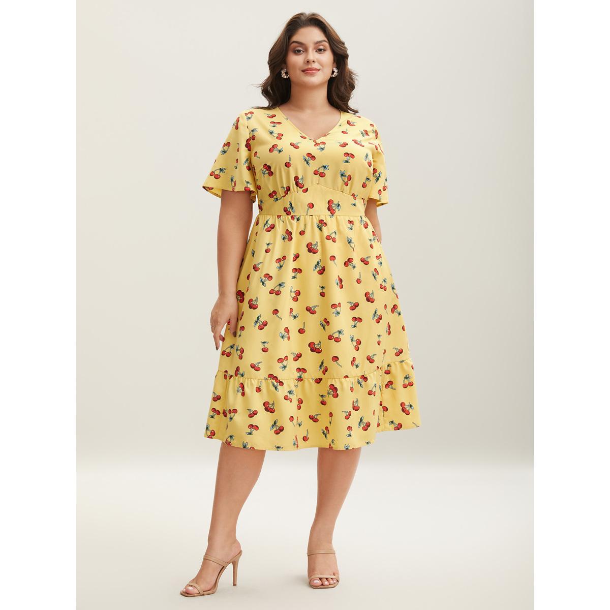Plus Size Cherry Print Stretchy Cinched-Waist Midi Dress Lemonyellow Women Timeless V-neck Short sleeve Curvy BloomChic 28/5X Product Image