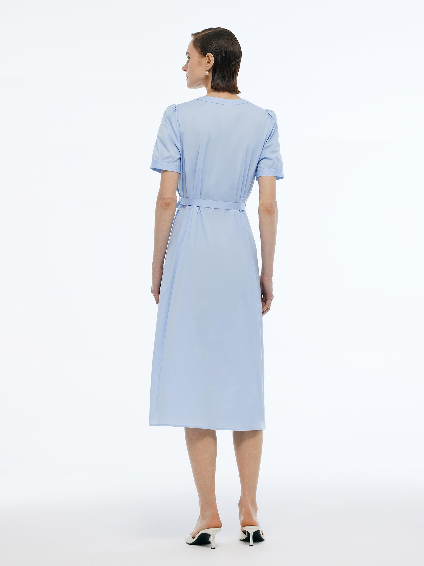 V-Neck Pleat Front Women A-Line Tie Belt Midi Dress Product Image