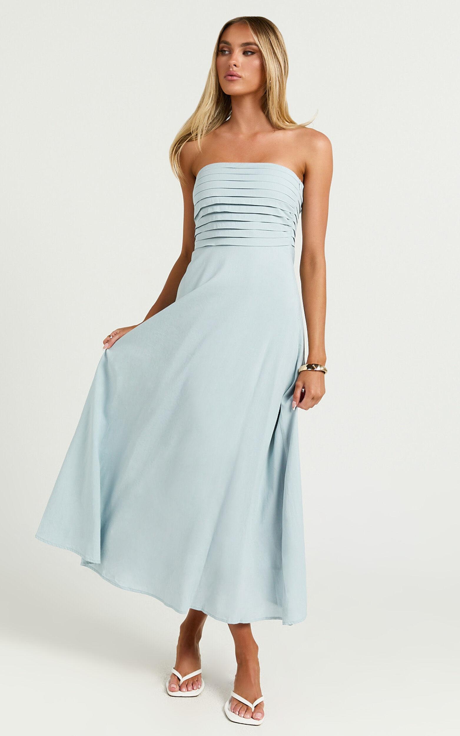 Barbra Midi Dress - Strapless Ruched Bodice Dress in Blue Product Image