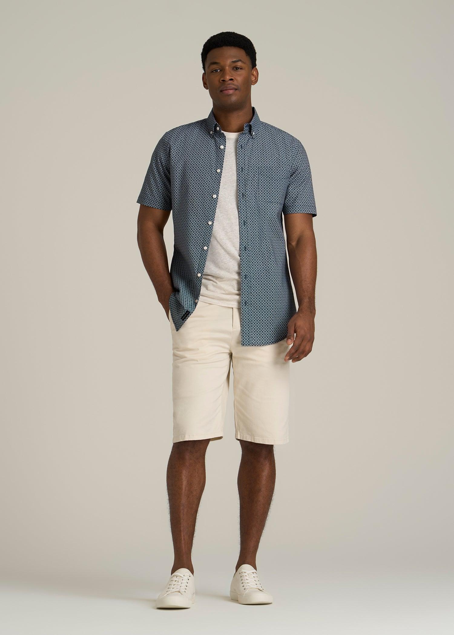 Short Sleeve Shirt for Tall Men in Grey and Blue Geometric Male Product Image