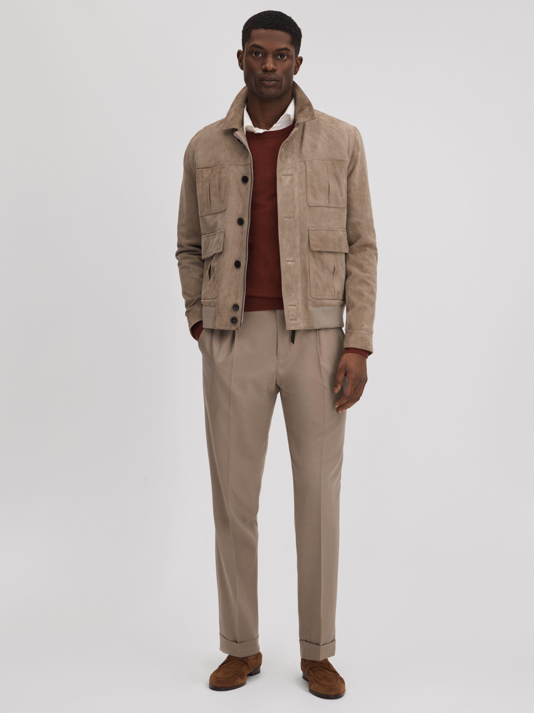Slim Fit Wool Blend Trousers with Turn-Ups in Taupe Product Image
