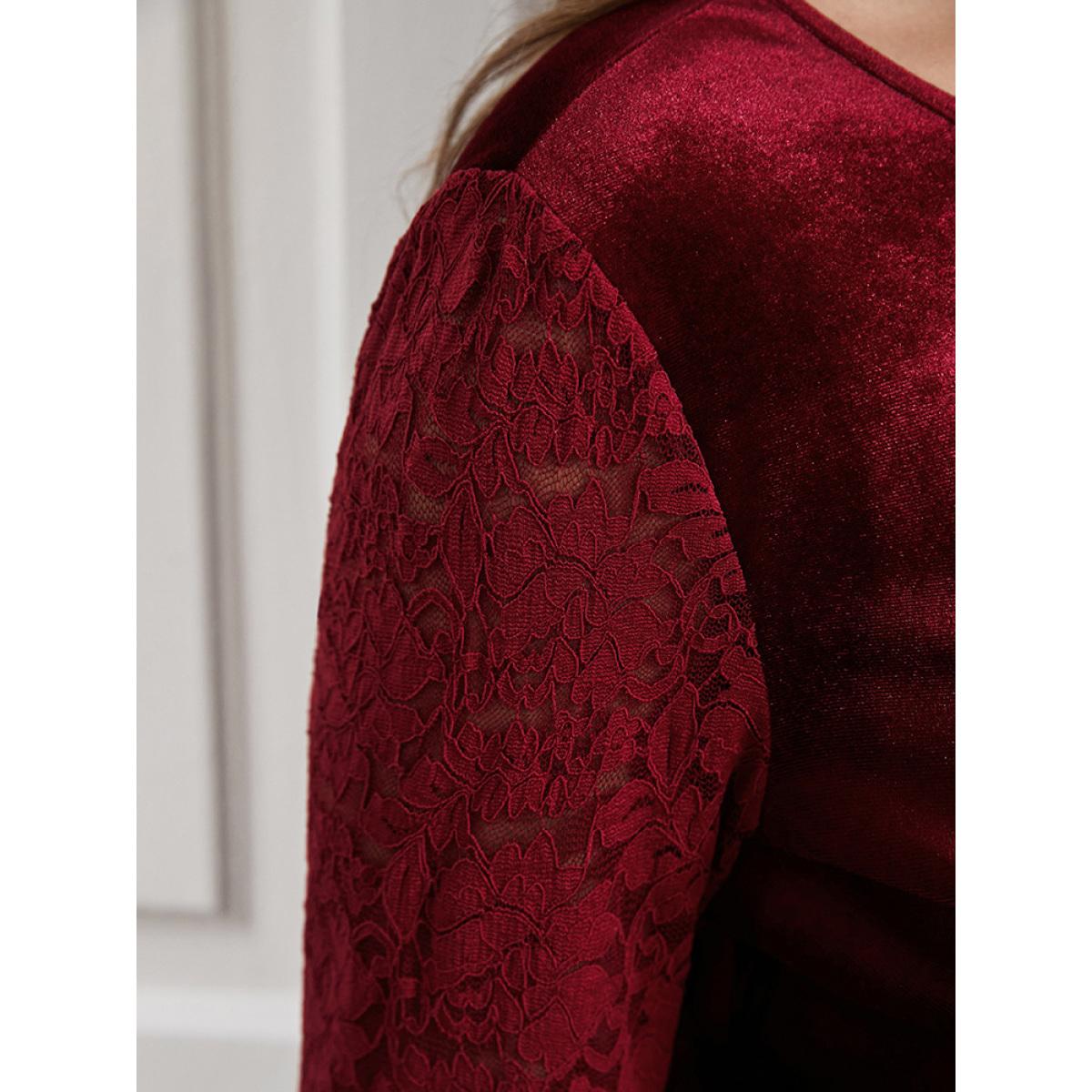 Plus Size Solid Lace Insert Bell Sleeve Pocket Velvet Dress Red Women Party Patchwork Round Neck Long Sleeve Curvy Midi Dress BloomChic 26/4X Product Image