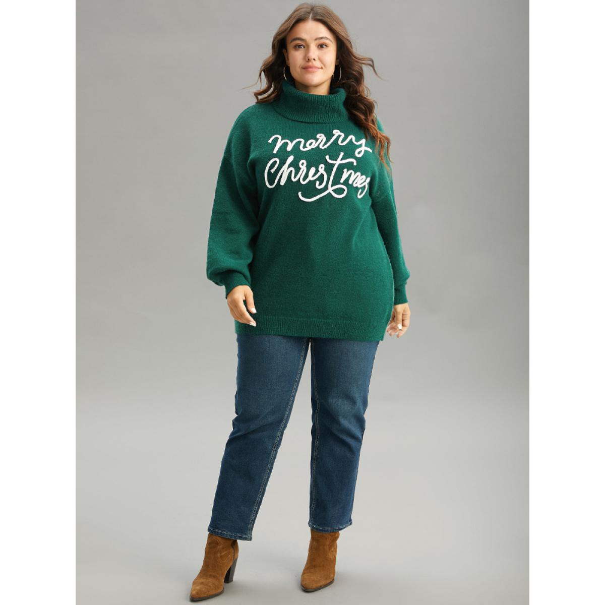 Plus Size Anti-Pilling Letter Graphic Elastic Cuffs Pullover DarkGreen Women Casual Loose Long Sleeve Lapel Collar Festival-Christmas Pullovers BloomChic 30/6X Product Image