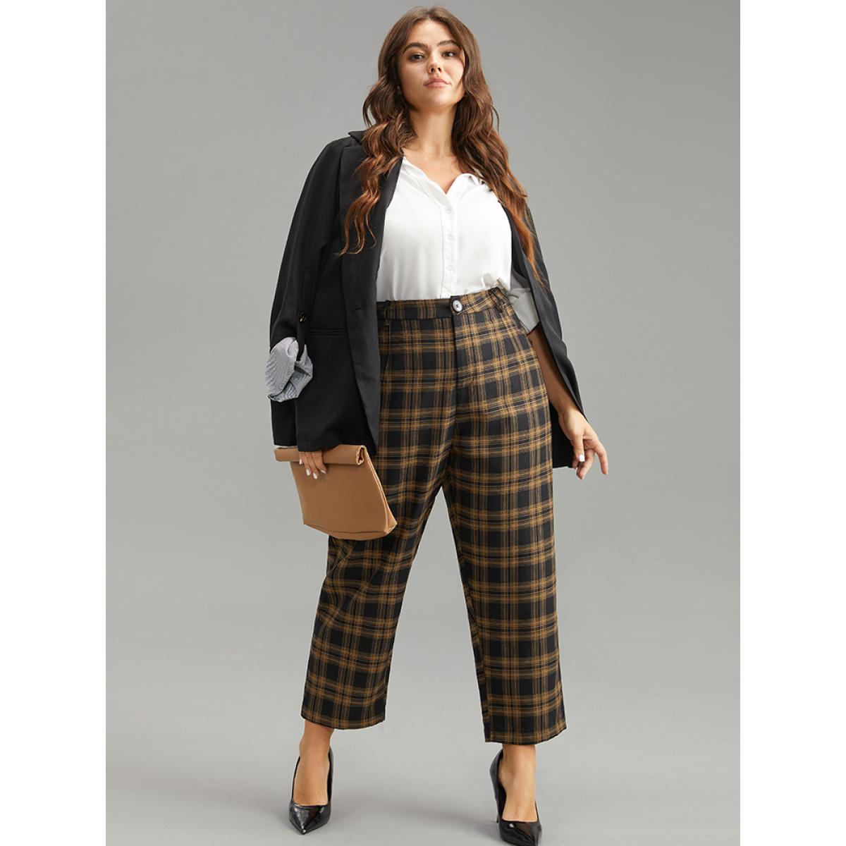 Plus Size Plaid High Rise Pocket Elastic Waist Pants Women Black Office Straight Leg High Rise Work Pants BloomChic 12/L Product Image