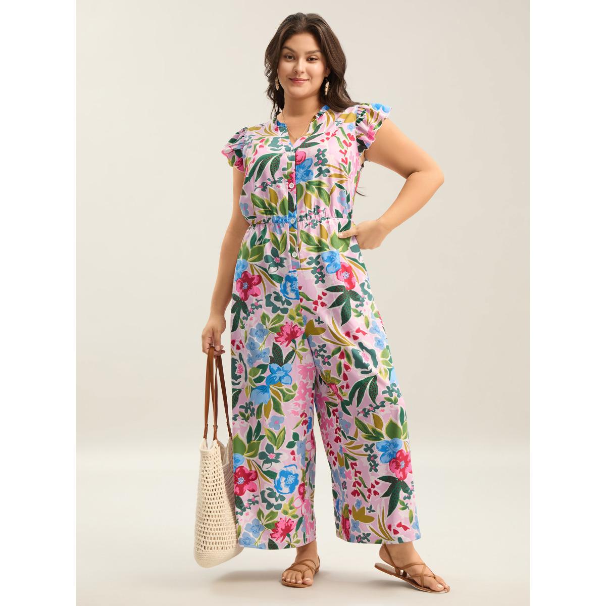 Plus Size Blush Sunkissed Floral Print Button Wide-Leg Jumpsuit Women Resort Cap Sleeve Notched collar Vacation Loose Jumpsuits BloomChic 14-16/1X Product Image