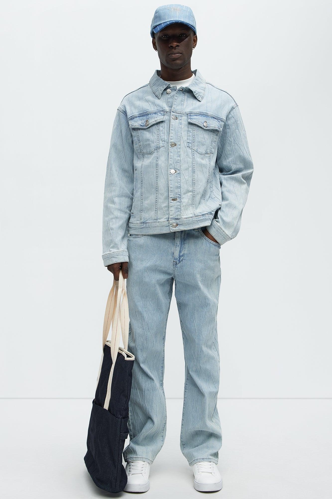 Wavy Jacquard Straight Jeans - Light Blue Wash Product Image