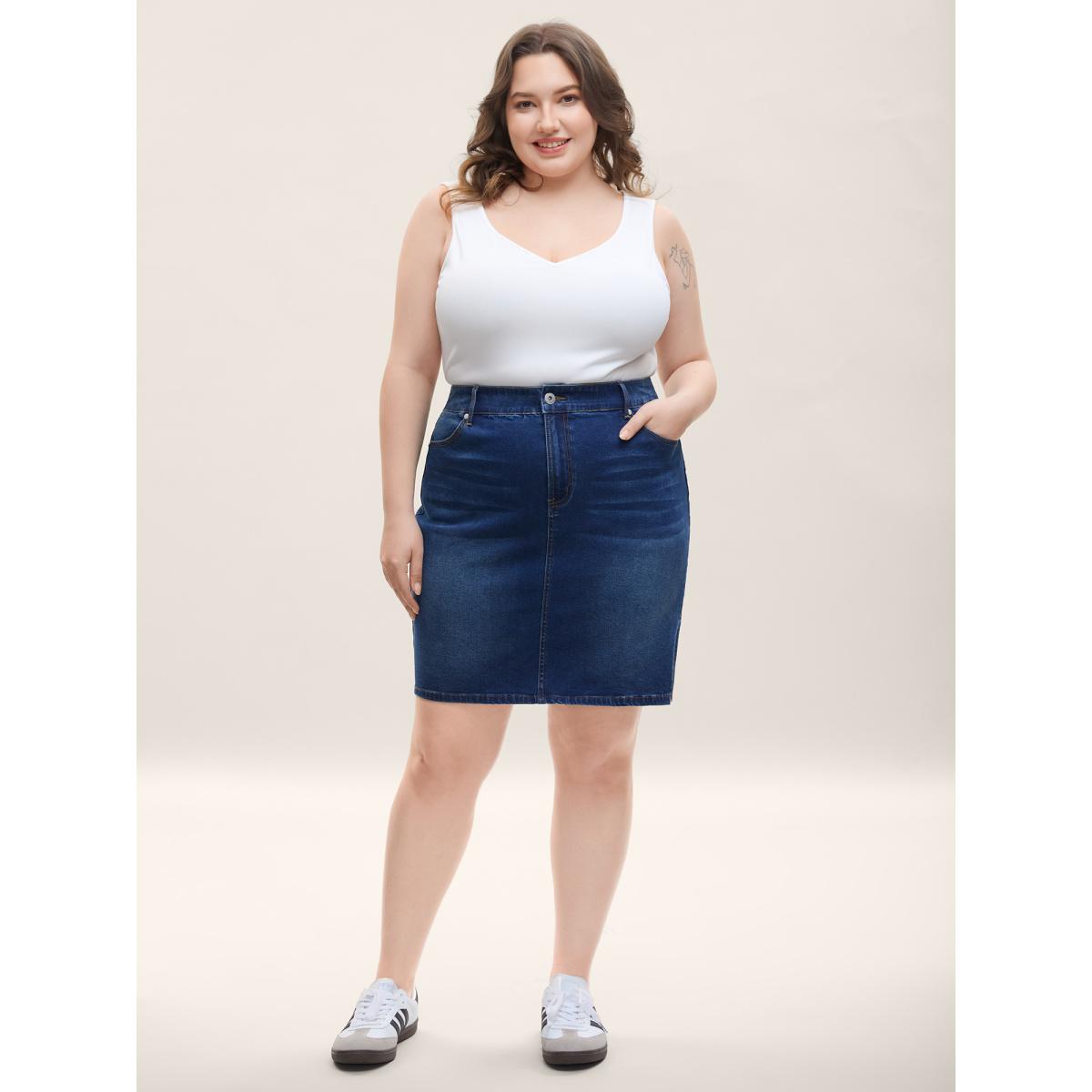Plus Size Whiskered Classic Cut Fitted Denim Skirt Women Midblue Everyday-Casual Medium stretch Medium Wash 28/5X Slanted pocket Denim Skirts BloomChic Product Image