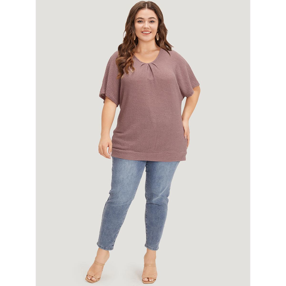 Plus Size Plain Waffle Knit Plicated Detail Guipure Lace Flutter Sleeve T-shirt DustyPink Women Elegant Non Plain Round Neck Work T-shirts BloomChic 30/6X Product Image