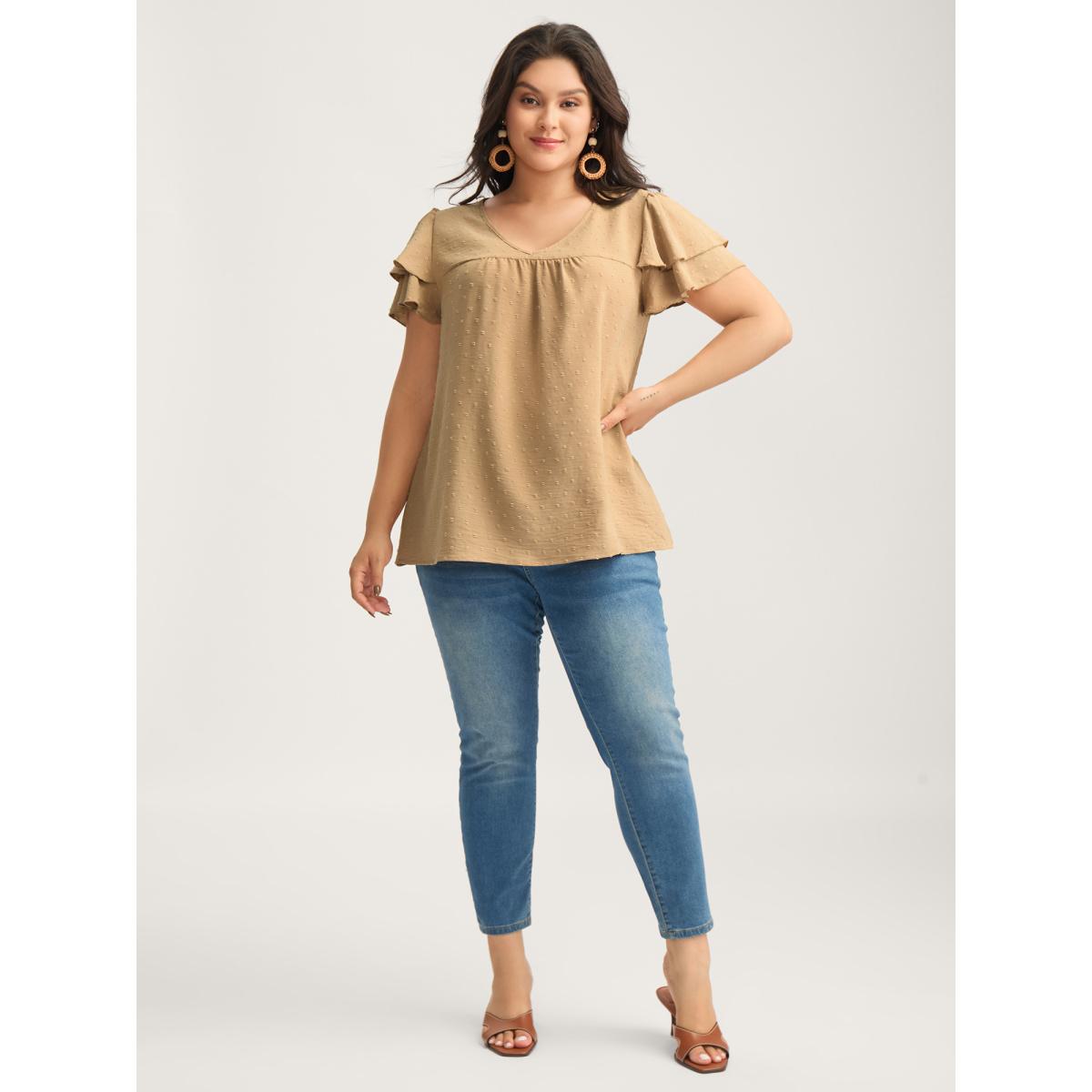 Plus Size Tan Textured Bust-Comfort Layered Sleeve Blouse Women Short sleeve V-neck Vacation Blouses BloomChic 30/6X Product Image