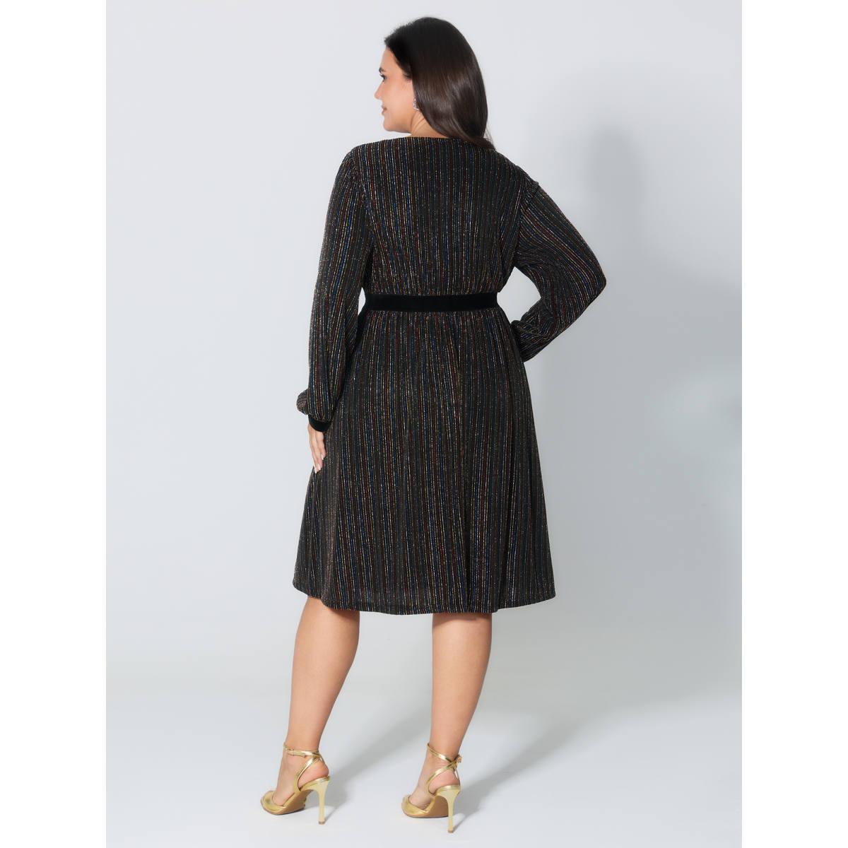 Plus Size Striped Surplice Neckline Flowy Midi Dress Black Women Party&Cocktail Overlap Collar Extra Long Sleeve Curvy BloomChic 14-16/1X Product Image
