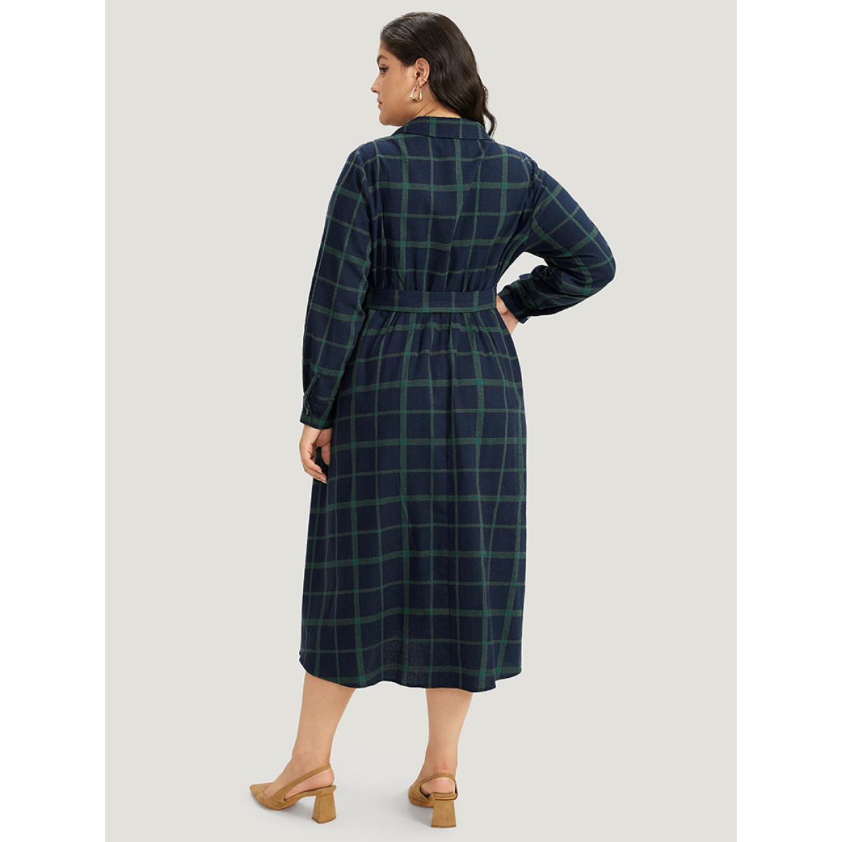 Plus Size Plaid Shirt Collar Button Fly Belted Dress Blue Women Office Belted Shirt collar Long Sleeve Curvy Midi Dress BloomChic 26/4X Product Image