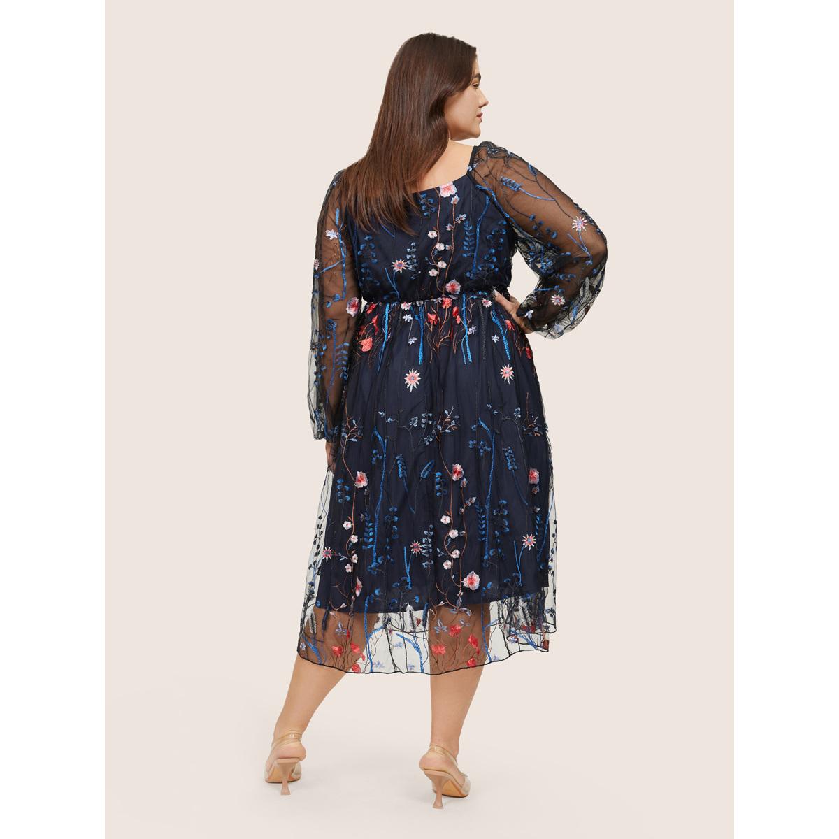 Plus Size Square Neck Embroidered Lace Mesh Lantern Sleeve Dress Navy Women Formal Elastic cuffs Square Neck Long Sleeve Curvy Midi Dress BloomChic 12/L Product Image