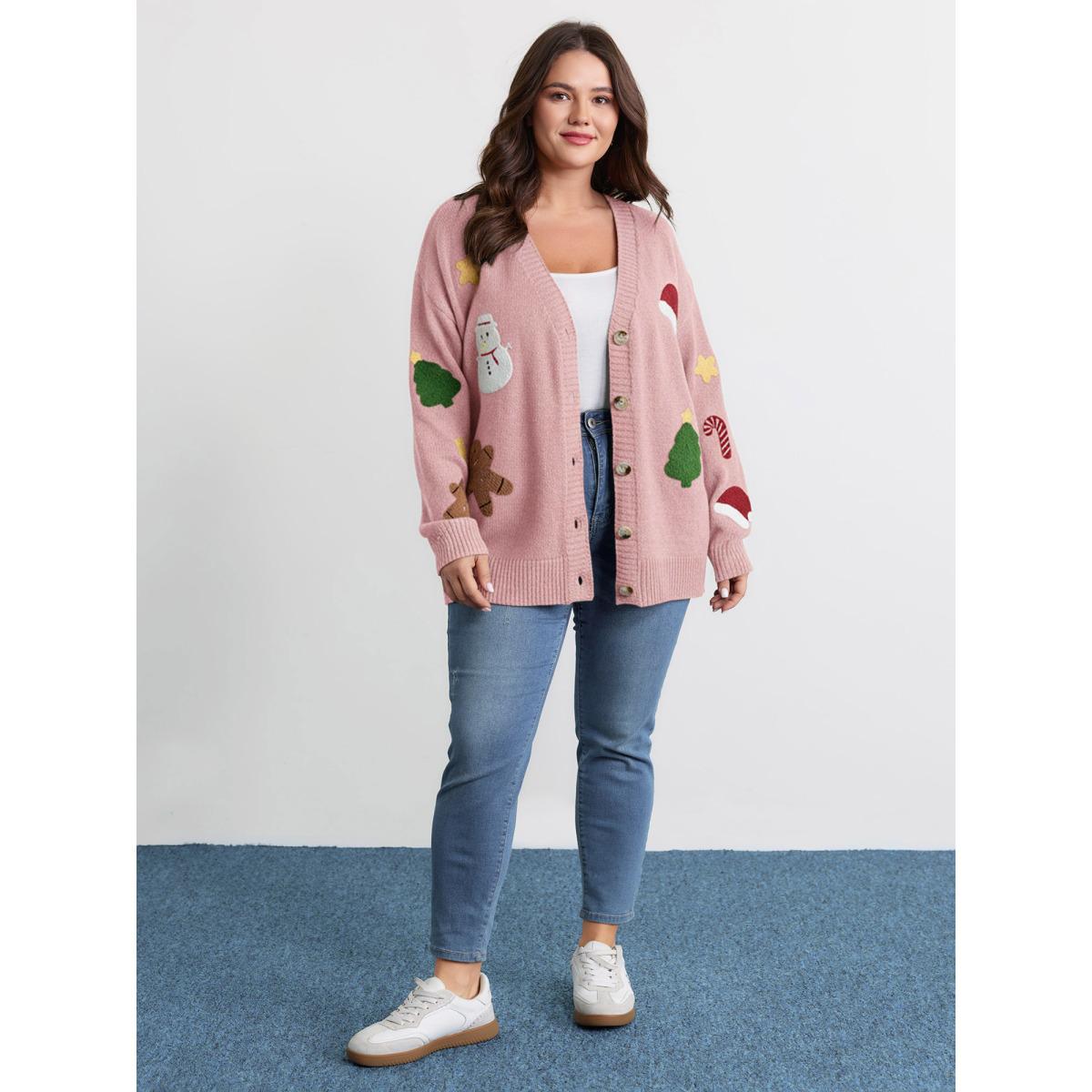 Plus Size Gingerbread Santa Embroidery Knit Cardigan Dirtypink Women Playful Loose Long Sleeve Casual Cardigans BloomChic 26/4X Product Image