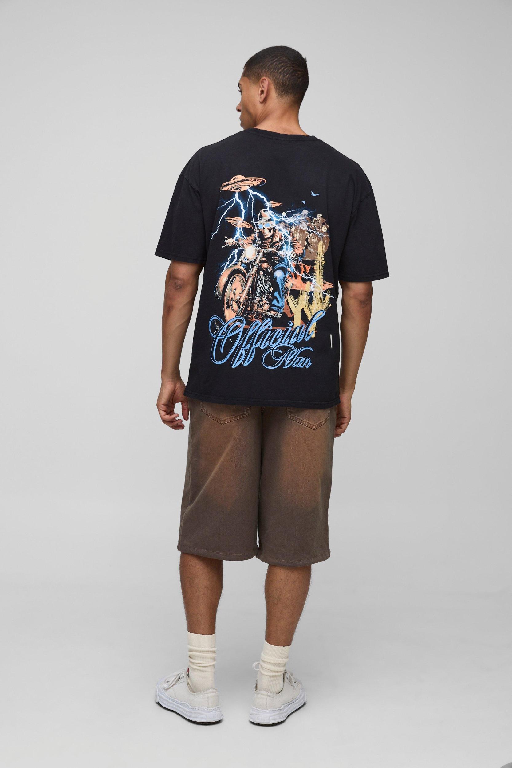 Black Oversized Washed Skull Biker Graphic T-Shirt | boohooMAN USA Product Image