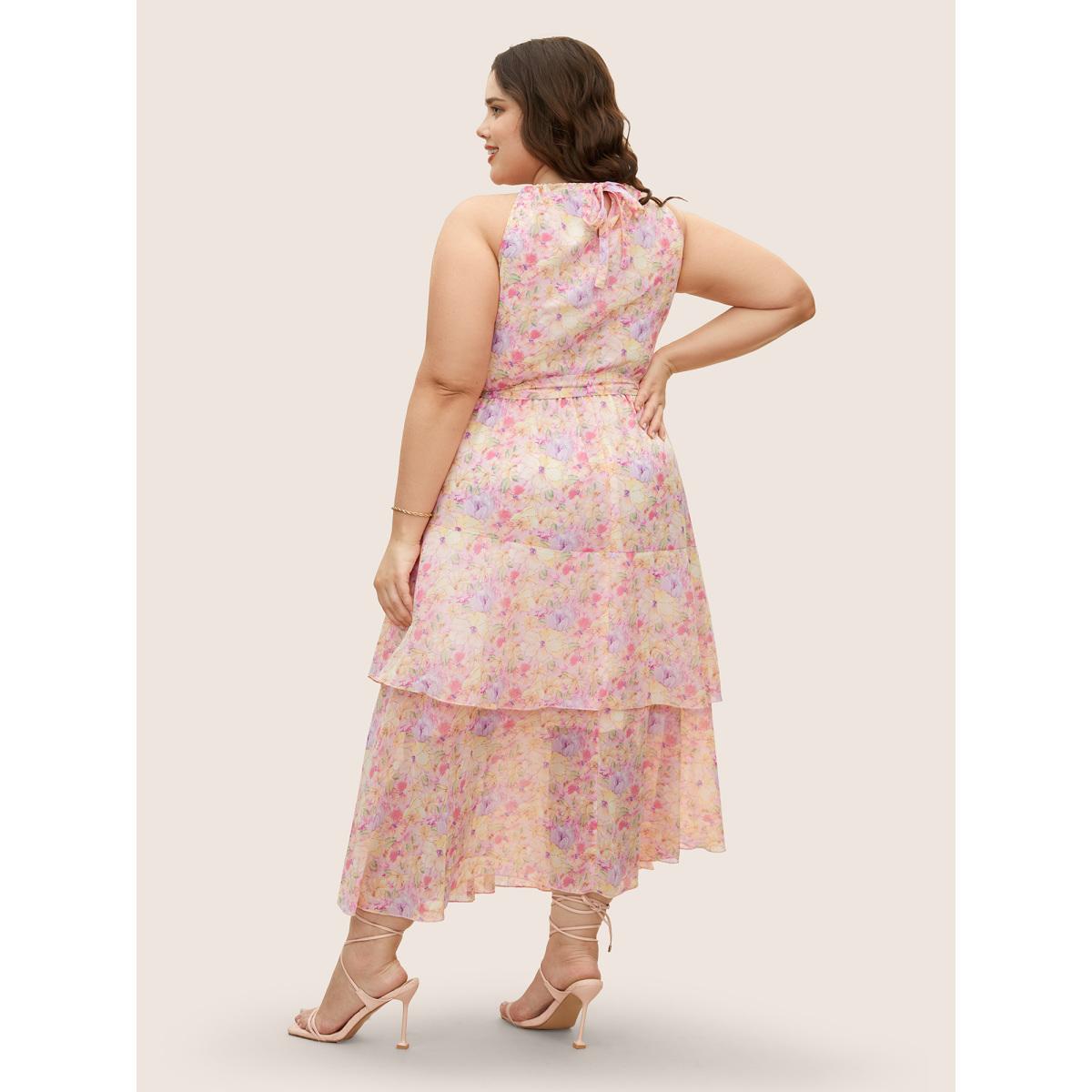 Plus Size Halter Floral Belted Layered Hem Dress Nudepink Women Elegant Halter neck Sleeveless Curvy BloomChic 26/4X Product Image